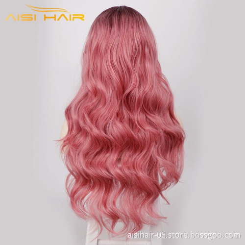 Aisi Hair Beautiful Colors Wearing Natural Long Pink Hair Wholesale Cheapest For Woman Synthetic Body Wave Small Lace Wig